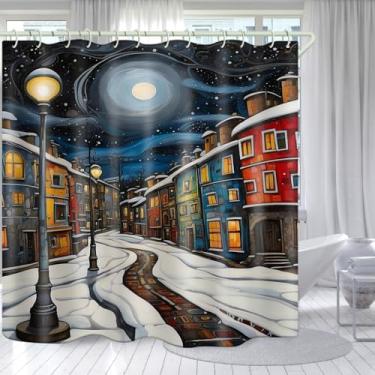 Imagem de LYFANS Cortina de chuveiro de tecido brilhante, pintura a óleo de noite de neve, design de tema de rua, cortina de chuveiro artística, conjunto de decoração de banheiro, 12 ganchos de cortina de