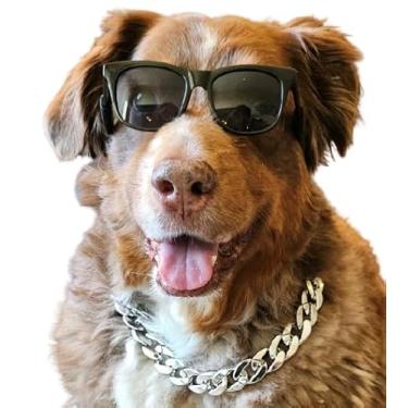Imagem de C15 Conjunto de óculos de sol retrô para cães + corrente ajustável para raças médias, aproximadamente 8 a 18 kg, acessório de festa, cosplay, sessão de fotos (preto dos anos 80 + corrente de prata)