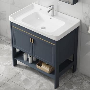 Imagem de Pia De Banheiro De Cerâmica Console De Pé Livre Pedestal Pias De Lavanderia Pias De Lavatório Vaso De Porcelana Vaso Retângulo Com Pernas De Metal Suporte Prateleira De, L60xW40xH82cm