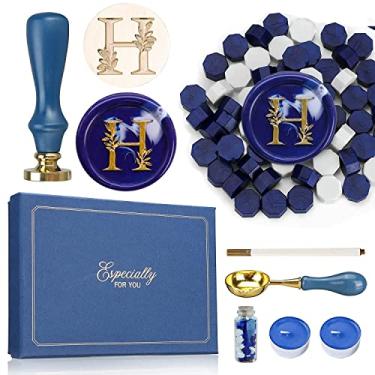 Imagem de SWANGSA Kit De Carimbo Cera Com O Alfabeto Inicial H, Letras Vintage Elegantes Folhas Botânicas E Miçangas, Caixa Presente