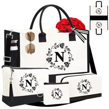 Imagem de Adoryoung Sacolas personalizadas para mulheres, 4 bolsas monograma, bordado frente e verso, inicial para presentes de aniversário, Bolsa com inicial