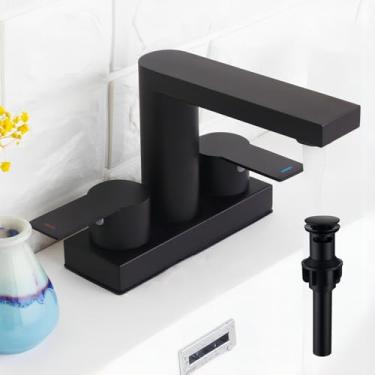 Imagem de SevenGelok Torneira de banheiro preta Torneira de banheiro de 3 furos 20 cm com ralo pop-up para pia com conjunto de transbordamento Duas alças Torneiras de aço inoxidável SUS304 20-30 cm, preto