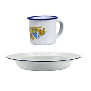 Imagem de Prato e Caneca Esmaltado Branco Kit Esmalte 3 pratos 3 canecas, 2 pratos 2 canecas, 1 prato 1 canecas Retro café chá (1, Branco Estampado)