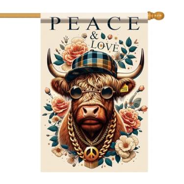 Imagem de Starlit Patio Peace Love Bandeira de casa de vaca Highland 71 x 101 cm, engraçada, dupla face, búfalo, jardim, bandeira, gramado, quintal, retrô, animal, floral, decoração de varanda para casa fazenda