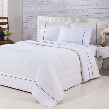 Imagem de Kit Edredom 100% Algodão Percal 150 Fios Dupla Face King + Jogo De Cama 7 Peças - Branco- Palha