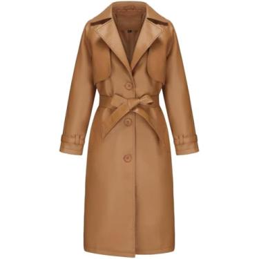 Imagem de Trench Coats Femininos Outono Jaqueta De Couro Longa Feminina Lapela Jaqueta De Couro Pu Jaqueta Feminina Com Cinto, camel, L