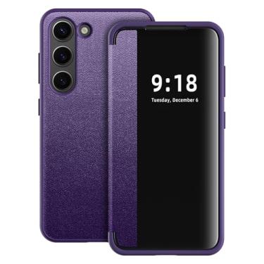 Imagem de Capa flip para Samsung Galaxy S23 S View, fosco translúcido transparente visualização fólio 360 graus capa protetora para celular para Samsung S23, capa flip de luxo para Samsung S23 (Roxo)