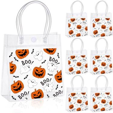 Imagem de SATINIOR 24 unidades de sacos transparentes de Halloween com alças abóboras fantasmas boo morcegos presentes de PVC transparente sacolas de brindes tema de Halloween para lembrancinhas de festa