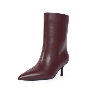 Imagem de Modatope Botas de cano curto para mulheres, bico fino, salto gatinho, botas de outono para mulheres, vestido curto, casual, festa, Vermelho vinho, 36