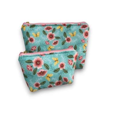 Imagem de Kit de Necessaire Grande e Pequena - DaniBordados, Azul com flores