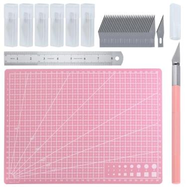 Imagem de GOLD DEER Faca Exacto para artesanato Kit de facas de passatempo de escultura de precisão com tapete de artesanato de corte A4 20 cm, régua de aço, 30 peças, lâminas de passatempo nº 11 para bricolage