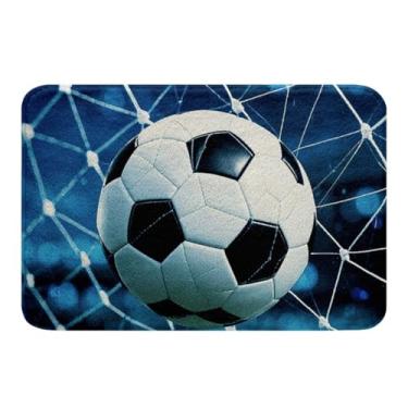 Imagem de Erosebridal Tapete de banheiro de futebol americano 40 cm x 61 cm, tapete de porta de futebol americano para crianças, meninos, adolescentes, quarto, banheiro, jogos esportivos, tapete geométrico, hexagonal, colmeia de mel, antiderrapante, azul e branco