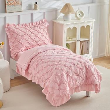 Imagem de DuShow Jogo de cama infantil princesa para meninas, 4 peças, com babados, ultramacio, rosa, inclui edredom, lençol de cima, lençol com elástico e fronha