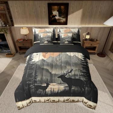 Imagem de Feelyou Conjunto de edredom rústico de veado de cabana com lençol king size, para crianças, animais selvagens, caça, casa de fazenda, para meninos e meninas, adolescentes, conjunto de cama de 7 peças