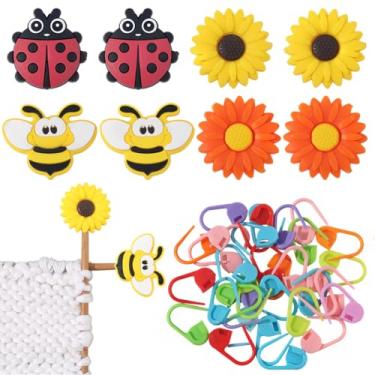 Imagem de SUNNYCLUE 1 caixa com 68 peças de rolhas de agulha de tricô de silicone, marcadores de ponto de crochê coloridos, margarida, abelha, joaninha, conjunto de protetores de ponta para iniciantes