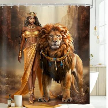 Imagem de Omifly Cortina de chuveiro feminina negra e leão 152 cm L x 182 cm A menina africana animal selvagem vida selvagem afro-egípcia montanha moderna legal com 12 ganchos de plástico tecido à prova d'água