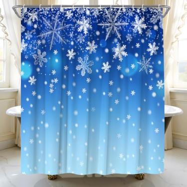 Imagem de AMFD Cortina de chuveiro azul inverno Snowfalke Feliz Natal Ano Novo Cortinas de banheiro decoração conjunto de tecido inclui ganchos, (177.8 cm WX70 H)