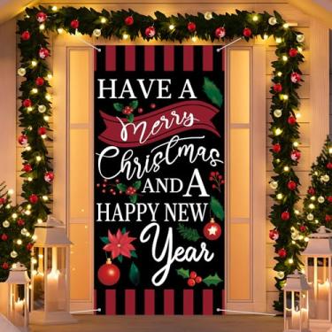 Imagem de Capa de porta de Natal, decoração de poinsétia, faixa de porta de Natal para porta da frente, Feliz Natal e Ano Novo, placa de varanda, cabine de fotos para decoração de festa de Natal, Ano Novo