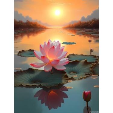 Imagem de PUAGEMTI DIY Lotus in Setting Sun Diamond Painting Lotus Paint by Numbers for Adult Full Round Diamond Art Kits para decoração de quarto e decoração de sala de estar 30 x 40 cm