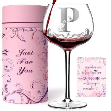 Imagem de Taças de vinho personalizadas A-Z para mulheres – presentes monogramados, elegantes e exclusivos para mãe, esposa, amiga ou ela – Perfeito para aniversários, dia das mães, casamentos e mais (P)