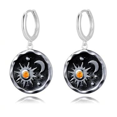 Imagem de MALOYANVE Brincos de argola vintage com pingente de sol e lua, estilo boho retrô feito à mão, prata, ouro, preto, design de moeda redonda, joia celestial para mulheres, Medium, Liga de aço, Sem pedra
