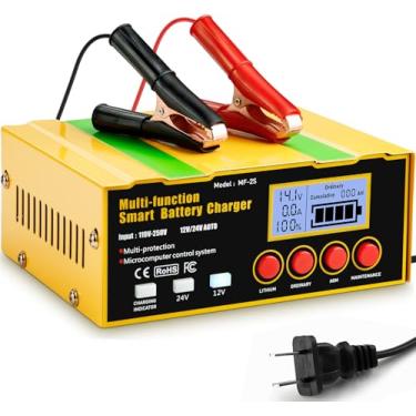 Imagem de Carregador de bateria inteligente de 12 amperes, lítio, chumbo-ácido (AGM/gel/SLA) carregador de bateria de carro, carregador de gotejamento, mantenedor/carregador de ciclo profundo, 12 V/10 A | 24 V