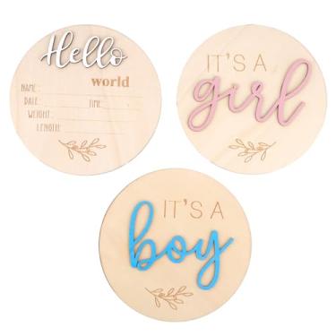 Imagem de 3 Placas de Anúncio de Bebê, Placa Revelação Gênero Menino/Menina & Hello World Placa Nome em Madeira para Hospital Festa Acessórios Foto