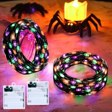 Imagem de cshare Luzes de fadas laranja roxo verde operado com temporizador, luzes de corda de Halloween para fora de 5 metros 50 LED interior exterior decorações de Halloween guirlanda festa pátio jardim