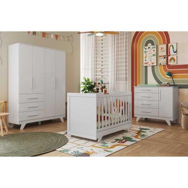 Imagem de Quarto Infantil Completo Retrô 3 Peças (1GuardaRoupa+1Berço+1Cômoda) QI114 Branco - Peroba