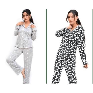 Imagem de Kit 2 Pijamas Femininos Estampados Botões Longo Suede Aberto - Nannami