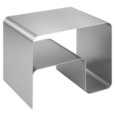 Imagem de Mesa lateral moderna de aço inoxidável, mesa de canto minimalista com design curvo sem costura, mesa de destaque durável e mesa de cabeceira para sala de estar, quarto, sofá e mesa de centro