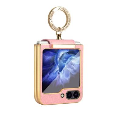 Imagem de Capa de telefone revestida de couro com anéis brilhantes para Samsung Z Flip 6 5 4 3 Flip6 Flip5 Capa protetora traseira, rosa, para Galaxy ZFlip 5