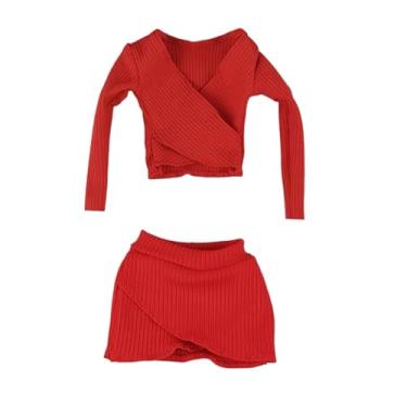 Imagem de Milageto 1:6 Crop Top Feminino Saia Curta Manga Longa Top Ajustado para Acessórios de Bonecos de ação de 12 Polegadas, Vermelho