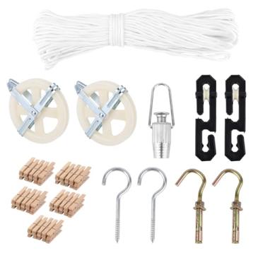 Imagem de Kit de Estendal Roldana para Exterior, Corda Lavandaria Durável Roldanas Ganchos Molas Roupa e Pendente Oval Sistema Roldana para Estendal de Exterior Quintal Pátio Varanda Parque Campismo