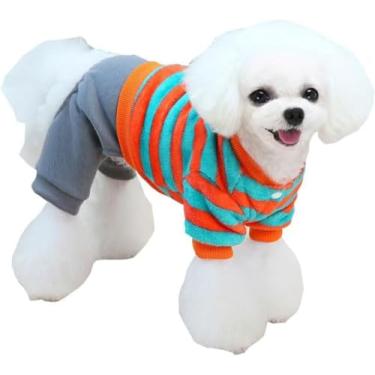 Imagem de Pijama Para Cães De Pequeno A Médio Inverno Listras Quentes Pijama De Cachorro Lã Grossa 4 Pernas Gato Cão Macacão Pet Soft Fleece Roupas