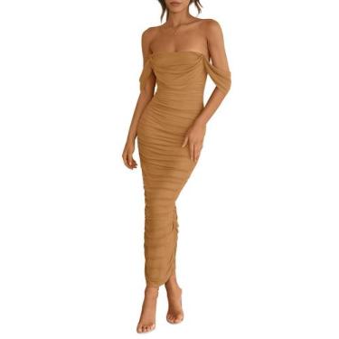 Imagem de Vestido feminino PRETTYGARDEN 2025, verão, sem ombros, marrom XXL