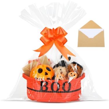 Imagem de Potchen Cesta de Halloween Boo para presente com alças engraçadas boo cesta de corda de algodão vazia para doces ou travessuras com saco plástico transparente conjunto de envelope de cartão de