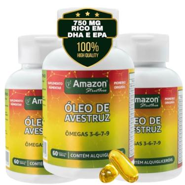 Imagem de Kit 3 Óleo de Avestruz 750mg – Ômegas 3-6-7-9 + Vitaminas A, D3, K2 e B – 60 Cáps - Amazon Struthio