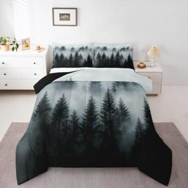 Imagem de Feelyou Conjunto de edredom de árvore cinza, tamanho Queen, botânico, para meninos e meninas, crianças, galhos de árvores, montanhas, natureza, rústico, selvagem, decoração de quarto, respirável