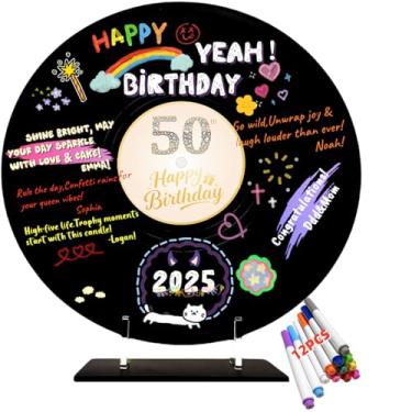 Imagem de Livro de visitas de aniversário estilo disco de vinil para decorações de aniversário de 50 anos - Pôster grande de 29,5 cm x 29,5 cm com 12 canetas | Presente de lembrança exclusivo para decoração de