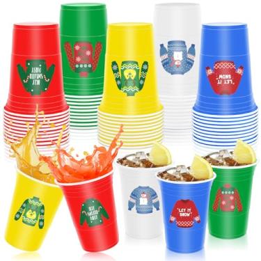Imagem de Vesici 50 peças de copos de plástico natalinos com tema de Feliz Natal, descartáveis, copos de suéter feios, vermelho, azul, amarelo, verde, branco, 473 ml, copo decorativo para festa de fim de ano