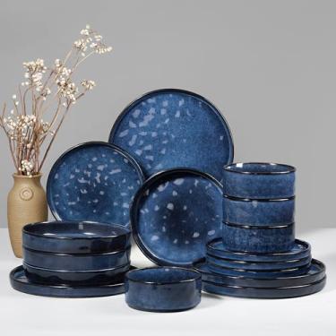 Imagem de HaWare Conjunto de utensílios de jantar, conjunto de pratos e tigelas de 16 peças, conjunto de pratos de grés para 4, conjunto de louça de cerâmica para massas de cereais, resistente a lascas e