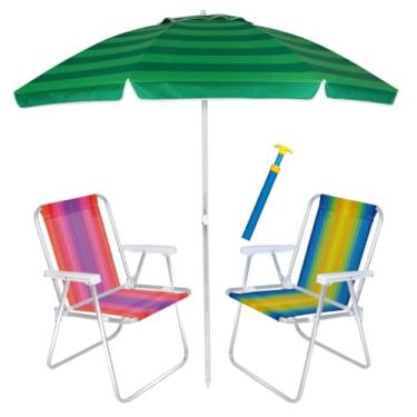 Imagem de Kit Praia 2 Cadeira Alta Alumínio + Guarda Sol 2m Alum + Saca Areia Pressão - Mor (Verde)
