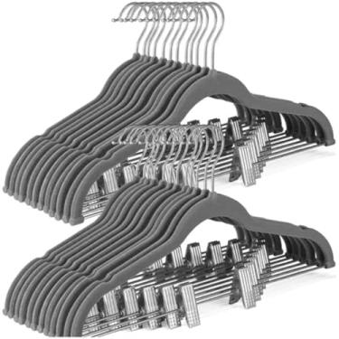 Imagem de Kit 40 Cabide de Veludo Slim com Presilha de Metal Preto Cinza Bege Antiaderente Reforçado Elegante (Cinza)