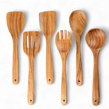 Imagem de Mie Creations Espátulas de madeira de acácia para cozinhar, 6 peças de utensílios de cozinha de madeira para panelas antiaderentes e utensílios de cozinha, conjunto de 6 espátulas, colher, garfo