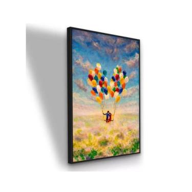 Imagem de Quadro Canvas Com Moldura Casal Voando Com Balões 90x60 Moldura Branca
