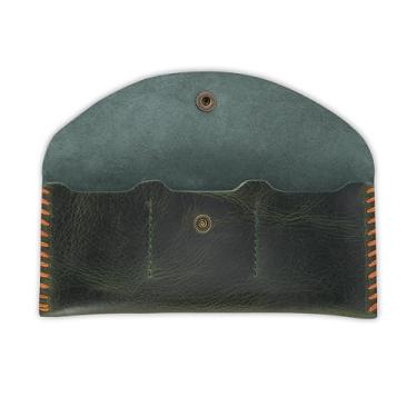 Imagem de TheAntiq Bolsa de moedas de couro com 3 compartimentos para cartão | Organizador de moedas de couro genuíno feito à mão para homens e mulheres | Organizador de notas de dólar, Verde floresta, 8x3.5