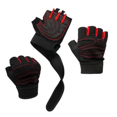 Imagem de Luva Academia Feminina e Masculino para Musculação Treino Crossfit e Bike Luva Meio dedo com Protetor Palmar. Acessórios Fitness Unissex para Exercícios. (Preto-Vermelho, M)