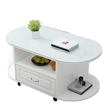 Imagem de Mesa de centro de design simples oval com rodas, mesa de centro de 3 camadas com prateleira de armazenamento e gaveta, mesa de centro moderna com rodas para sala de estar, design moderno, móveis