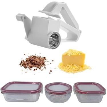 Imagem de Kit Ralador Fatiador Manual 3 em 1 com Manivela Inox + Conjunto 3 Potes de Vidro Tampa Hermética 150ml 170ml 250ml Micro-ondas Freezer Multiuso para Queijo Parmesão Chocolate Nozes Castanhas